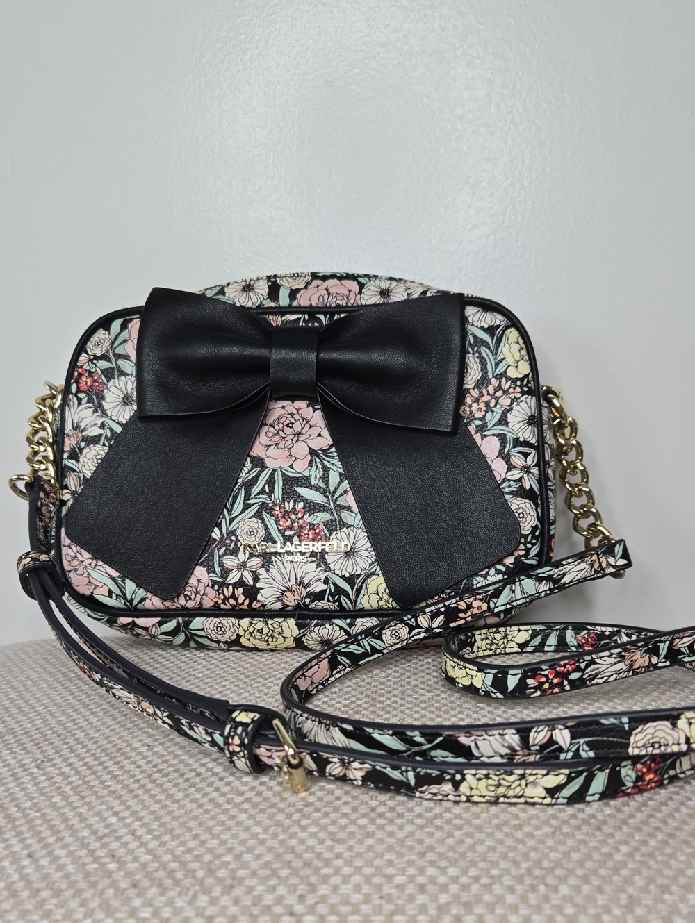 Karl Lagerfeld Paris Floral Bow Crossbody Bag - Black with Pastel Floral Print
